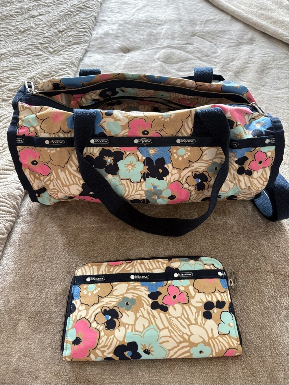 Lesportsac Floral Travel Duffel and Zip Wallet - Tan, Navy, Pink, Blue